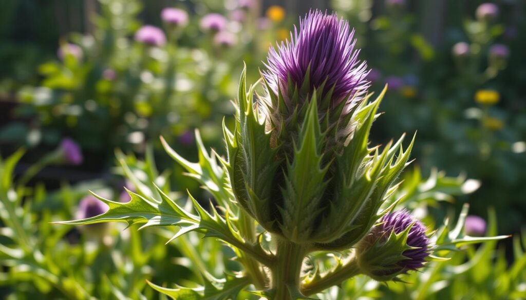 A close-up view of a mature thistle plant in a lush, verdant garden setting. The thistle's large, spiny leaves are the focal point, casting dramatic shadows in the soft, diffused lighting. The leaves are a deep, vibrant green, with a textured, waxy appearance that captures the sun's rays. In the background, a blurred, out-of-focus garden scene provides a sense of depth and context, with a mix of other plants and flora. The overall mood is one of tranquility and attention to detail, highlighting the intricate beauty and care required for maintaining a thriving thistle plant. A close-up view of a mature thistle plant in a lush, verdant garden setting. The thistle's large, spiny leaves are the focal point, casting dramatic shadows in the soft, diffused lighting. The leaves are a deep, vibrant green, with a textured, waxy appearance that captures the sun's rays. In the background, a blurred, out-of-focus garden scene provides a sense of depth and context, with a mix of other plants and flora. The overall mood is one of tranquility and attention to detail, highlighting the intricate beauty and care required for maintaining a thriving thistle plant.