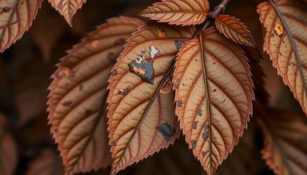 A close-up view of diseased cherry laurel leaves, showcasing the characteristic "shotgun blast" pattern of browning and discoloration typical of the "Schrotschusskrankheit" or shotgun disease. The leaves are rendered in a muted, earthy color palette, with a shallow depth of field that emphasizes the textural details. Soft, diffused lighting casts gentle shadows, evoking a somber, documentarian mood. The image is captured from a slightly elevated angle, providing a detailed, immersive perspective of the afflicted foliage against an out-of-focus background, allowing the viewer to study the pathology of this common cherry laurel ailment.