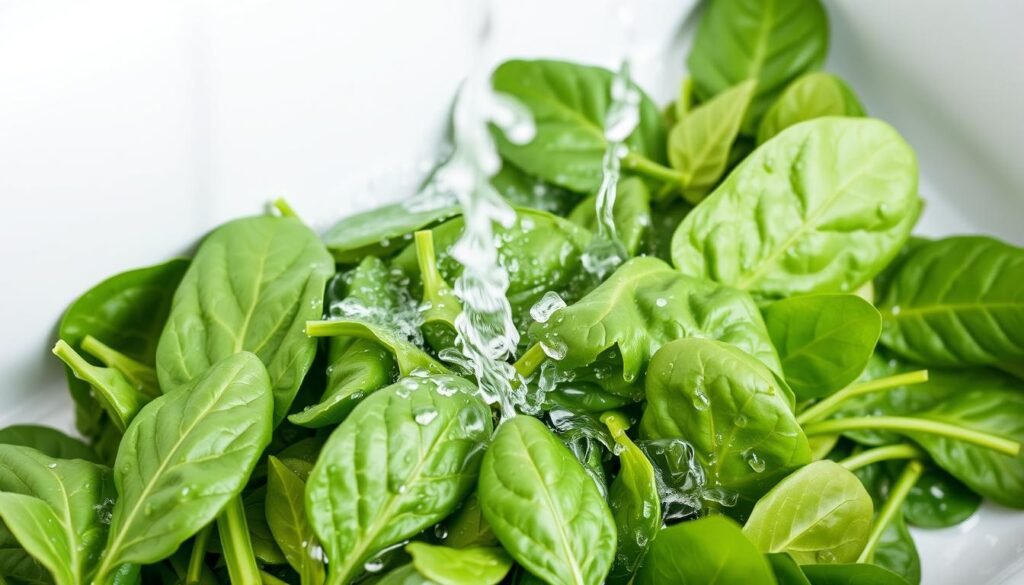 A close-up view of fresh green spinach leaves being washed and prepared on a white kitchen counter. The leaves are gently rinsed under cool running water, their vibrant hues contrasting against the clean, minimalist background. The scene is evenly lit from above, creating soft shadows that emphasize the natural textures and contours of the spinach. The image conveys a sense of freshness, cleanliness, and attention to detail in the spinach preparation process, setting the stage for a bountiful harvest. A close-up view of fresh green spinach leaves being washed and prepared on a white kitchen counter. The leaves are gently rinsed under cool running water, their vibrant hues contrasting against the clean, minimalist background. The scene is evenly lit from above, creating soft shadows that emphasize the natural textures and contours of the spinach. The image conveys a sense of freshness, cleanliness, and attention to detail in the spinach preparation process, setting the stage for a bountiful harvest.
