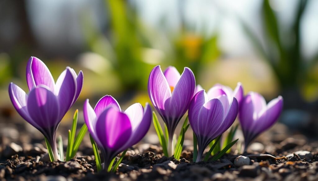 A close-up view of several vibrant purple crocuses emerging from the soil, their petals delicately unfurling in the soft, diffused light of an early spring morning. The foreground is in sharp focus, showcasing the intricate textures and veining of the crocus leaves and flowers, while the background is gently blurred, creating a sense of depth and tranquility. The lighting is natural and atmospheric, casting subtle shadows that accentuate the dimensional qualities of the plants. The composition is balanced, with the crocuses occupying the central focal point and filling the frame, conveying the importance of proper planting depth for these delicate bulbs.