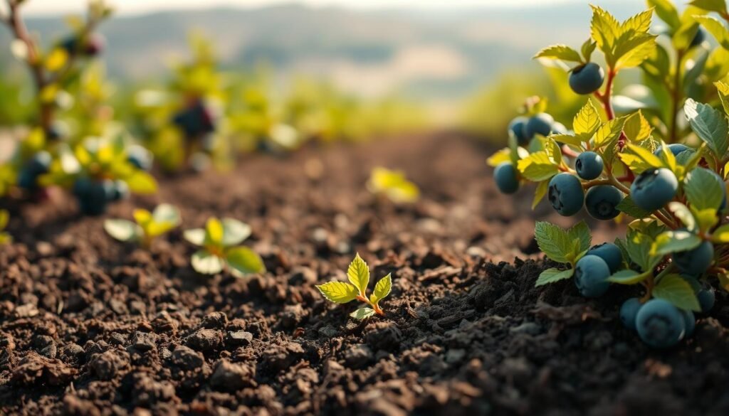 A close-up view of soil with blueberry plants, showcasing the impact of pH levels. The foreground features rich, dark soil with a slightly acidic pH, providing the ideal conditions for thriving blueberry bushes with vibrant green foliage and delicate, ripe berries. The middle ground reveals the contrast, as the soil transitions to a more alkaline state, stunting the growth of the blueberries and causing their leaves to turn yellow. The background fades into a hazy, out-of-focus landscape, emphasizing the focus on the soil and its pH influence on the plants. Soft, natural lighting illuminates the scene, creating a serene and educational atmosphere.