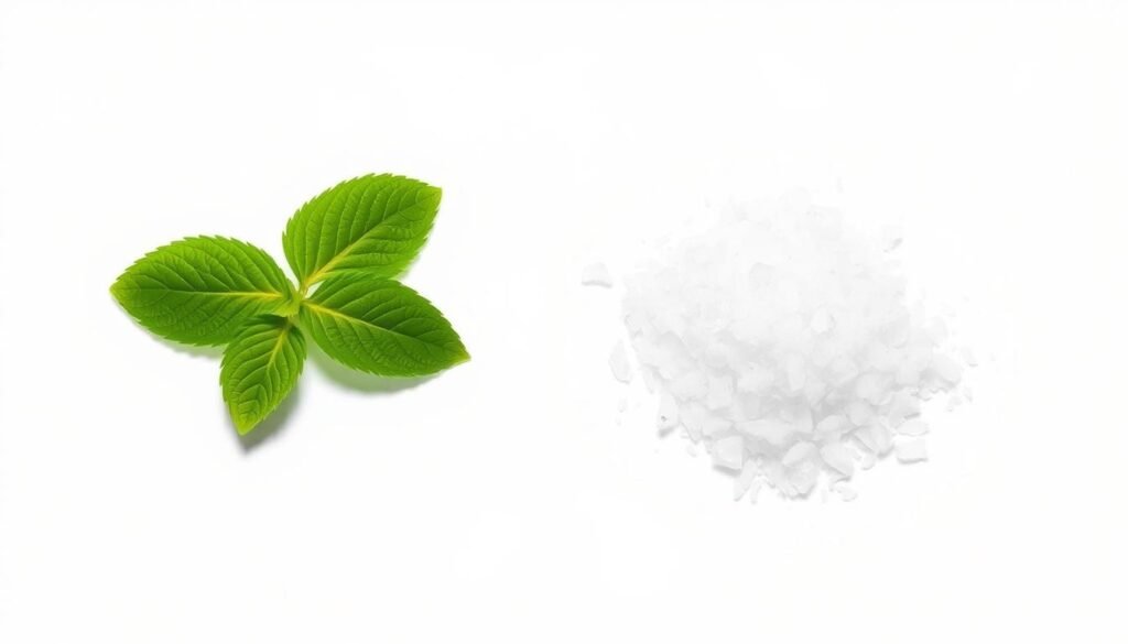A close-up view of two small, green stevia leaves placed side-by-side on a plain white background, casting soft shadows. The leaves are lush and vibrant, their delicate veins and serrated edges clearly visible. Beside them, a small pile of white granulated sugar crystals, contrasting with the natural, calorie-free sweetness of the stevia. Bright, diffused lighting from above creates a clean, minimalist aesthetic, highlighting the visual comparison between the two sweeteners. The image conveys a sense of purity, simplicity and the health benefits of using stevia as a natural sugar substitute.