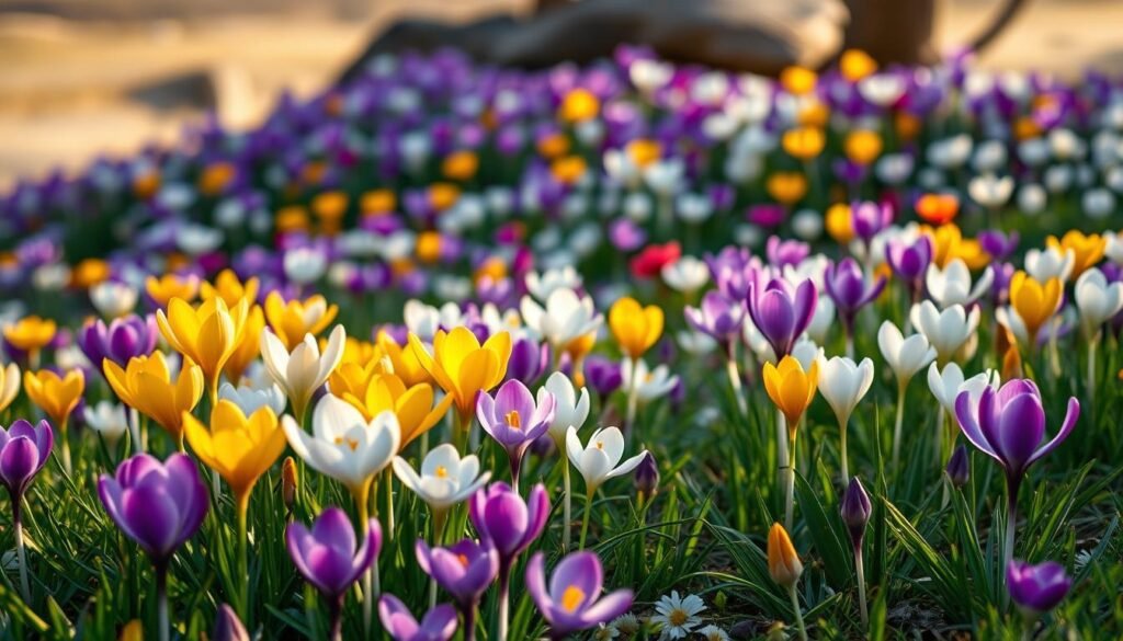 A colorful garden bursting with a diverse array of crocus blooms. The foreground features vibrant purple, yellow, and white crocuses standing tall amidst lush green foliage. The middle ground showcases a variety of crocus species in a natural, organic arrangement, creating a captivating display of floral splendor. The background subtly blends into a softly blurred, dreamy landscape, allowing the flowers to take center stage. Warm, gentle lighting bathes the scene, accentuating the delicate petals and highlighting the intricate details of the crocuses. The overall composition evokes a sense of springtime abundance and the wondrous diversity within the crocus family.