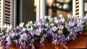 A cozy balcony filled with a vibrant array of early spring crocuses, their delicate petals in shades of lavender, purple, and white, gently swaying in the soft breeze. The flowers are arranged in a natural, cascading pattern, creating a captivating display that seems to spill over the edge of the wooden planter boxes. Warm, diffused sunlight filters through the scene, casting a gentle glow and highlighting the intricate textures of the petals. The overall composition evokes a sense of tranquility and the promise of the coming season, inviting the viewer to pause and appreciate the fleeting beauty of these resilient harbingers of spring.