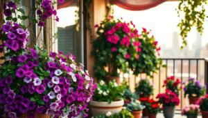 A cozy balcony oasis, abundant with the vibrant blooms of cascading petunias. In the foreground, a lush, overflowing planter box spills forth a colorful tapestry of purple, pink, and white petunia flowers. Trailing vines add a soft, natural touch, framing the scene. The middle ground features additional potted petunia plants, strategically placed to create a visually appealing display. In the background, a warm, soft-focus city skyline provides a serene urban backdrop, illuminated by the gentle glow of natural sunlight filtering through. The overall composition conveys a sense of tranquility, inviting the viewer to imagine themselves relaxing on this picturesque balcony, surrounded by the vibrant, well-tended petunia blooms.