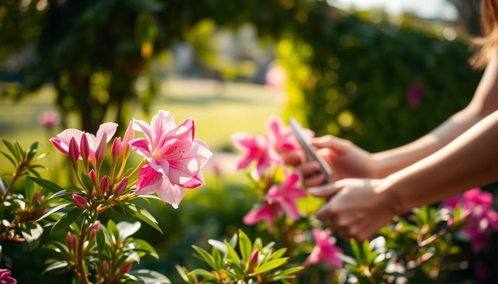 A cozy corner of a sun-dappled garden, showcasing the seasonal care of vibrant azalea blooms. In the foreground, delicate pink and white flowers spill forth, their petals gently unfurling. Midground, a gardener's hands tenderly prune and shape the lush foliage, guiding the plant's growth. The background features a tranquil, blurred landscape of verdant greenery, hinting at the cyclical nature of the plant's care. Soft, warm lighting filters through the scene, casting a golden glow and evoking a sense of serene, seasonal harmony. The overall composition captures the essence of thoughtful, timely azalea maintenance for a flourishing, vibrant display.