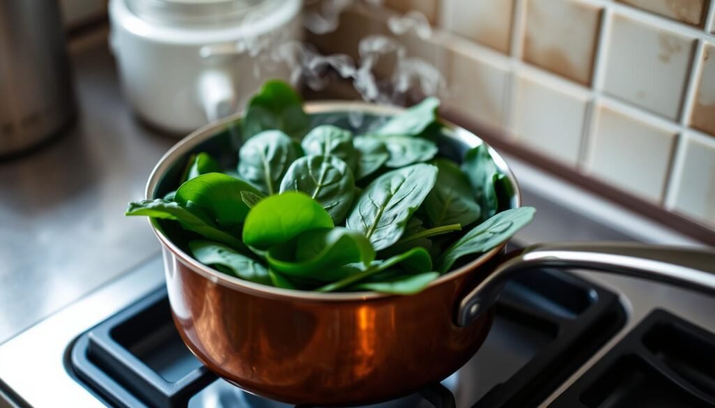 A cozy kitchen scene with a saucepan simmering on a stovetop, steam gently rising. Fresh spinach leaves are carefully arranged inside, their vibrant green hues contrasting with the warm, earthy tones of the copper cookware. Soft, directional lighting casts a gentle glow, creating a inviting atmosphere. The angle is slightly elevated, allowing the viewer to see the process of properly reheating the spinach, with attention to detail and care. The overall mood is one of a nourishing, intentional home-cooked meal, inspiring the viewer to follow the practical steps outlined in the "How-To Guide". A cozy kitchen scene with a saucepan simmering on a stovetop, steam gently rising. Fresh spinach leaves are carefully arranged inside, their vibrant green hues contrasting with the warm, earthy tones of the copper cookware. Soft, directional lighting casts a gentle glow, creating a inviting atmosphere. The angle is slightly elevated, allowing the viewer to see the process of properly reheating the spinach, with attention to detail and care. The overall mood is one of a nourishing, intentional home-cooked meal, inspiring the viewer to follow the practical steps outlined in the "How-To Guide".
