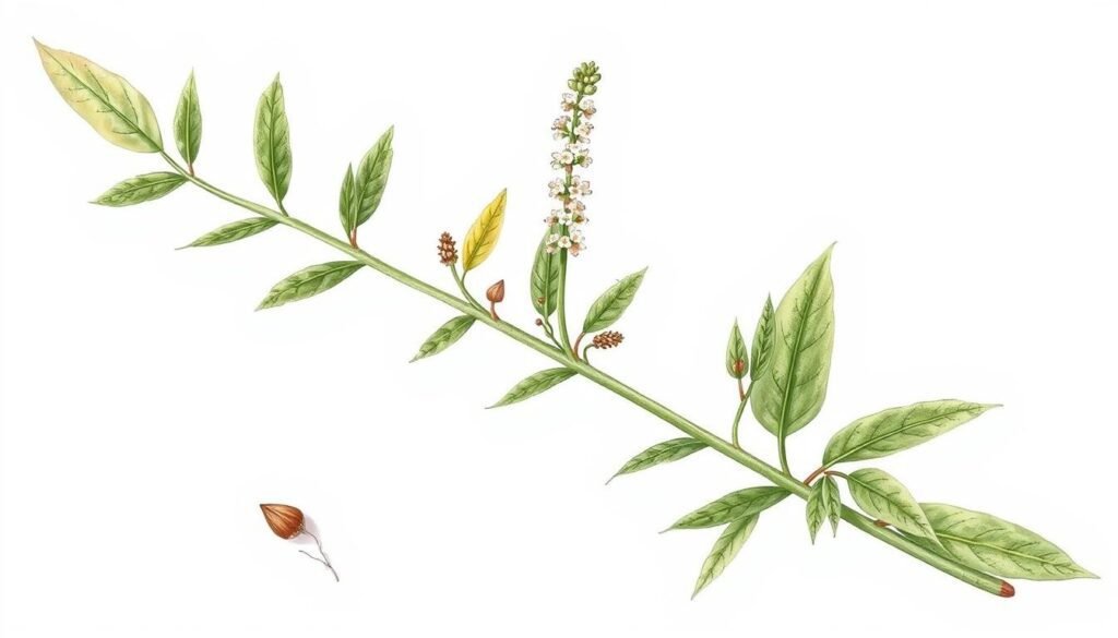 A detailed, botanical illustration of the medicinal plant "Heilpflanze" (Plantago lanceolata), commonly known as ribwort plantain or narrowleaf plantain. The plant is depicted with its characteristic lanceolate leaves, slender flower spikes, and seeds. The illustration has a neutral, scientific tone, with a clean, minimalist background that allows the plant's features to be the focal point. Lighting is soft and diffused, accentuating the delicate textures of the leaves and flowers. The perspective is slightly elevated, providing a clear, unobstructed view of the plant's structure and form. The overall mood is informative and educational, suitable for use in a gardening or medicinal plant reference guide.