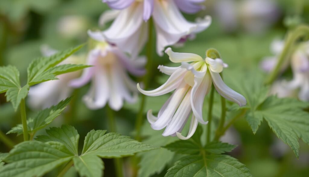 A detailed close-up of Aquilegia (columbine) leaves and flower structure, showcasing the intricate botanical features. The foreground depicts the delicate, lobed foliage in vibrant green hues, with the midground revealing the distinctive bell-shaped petals in a range of pastel shades, such as lavender, pink, and soft yellow. The background is blurred, creating a sense of depth and focus on the botanical elements. The lighting is soft and natural, accentuating the intricate textures and veining of the petals and leaves. The overall composition emphasizes the graceful, symmetrical structure of the Aquilegia plant, captured with a macro lens for maximum detail and clarity.