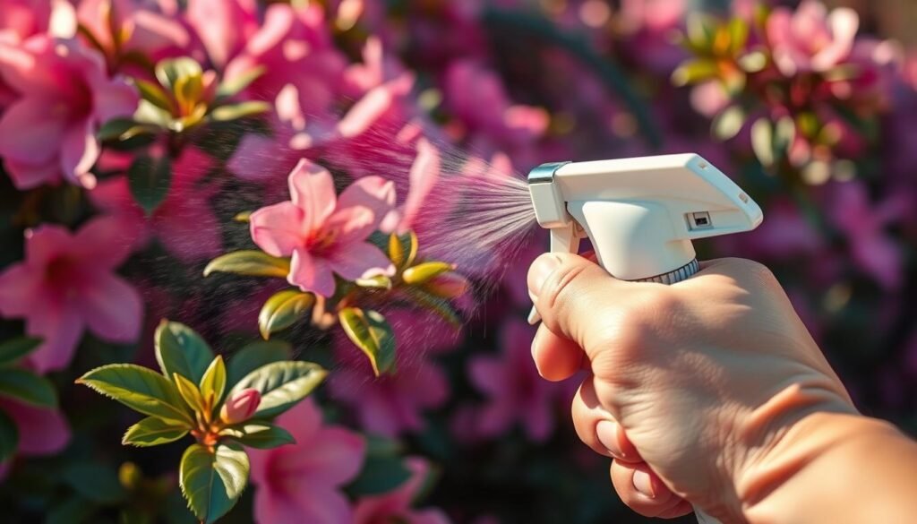 A detailed close-up view of a hand spraying a fine mist of insecticide onto the delicate leaves of an azalea shrub. The background is blurred, keeping the focus on the treatment process. Warm, natural lighting illuminates the scene, casting soft shadows. The sprayer's grip is firm yet gentle, exhibiting the care and precision required to protect the plant without causing harm. The image conveys a sense of diligence and environmental awareness in tackling pests and diseases that may threaten the health and vitality of the azalea.