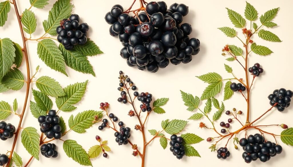 A detailed comparison of different elderberry species (Sambucus) showcased in a meticulously composed botanical illustration. In the foreground, lush clusters of ripe, dark purple elderberries are depicted with exceptional clarity. The middle ground features the distinctive leaf shapes and branching patterns of several Sambucus varieties, allowing for a side-by-side visual analysis. The background is a soft, neutral backdrop that allows the plants to take center stage. Warm, directional lighting casts gentle shadows, highlighting the textural details of the foliage and berries. The overall mood is one of scientific exploration and appreciation for the diverse forms of this versatile plant.