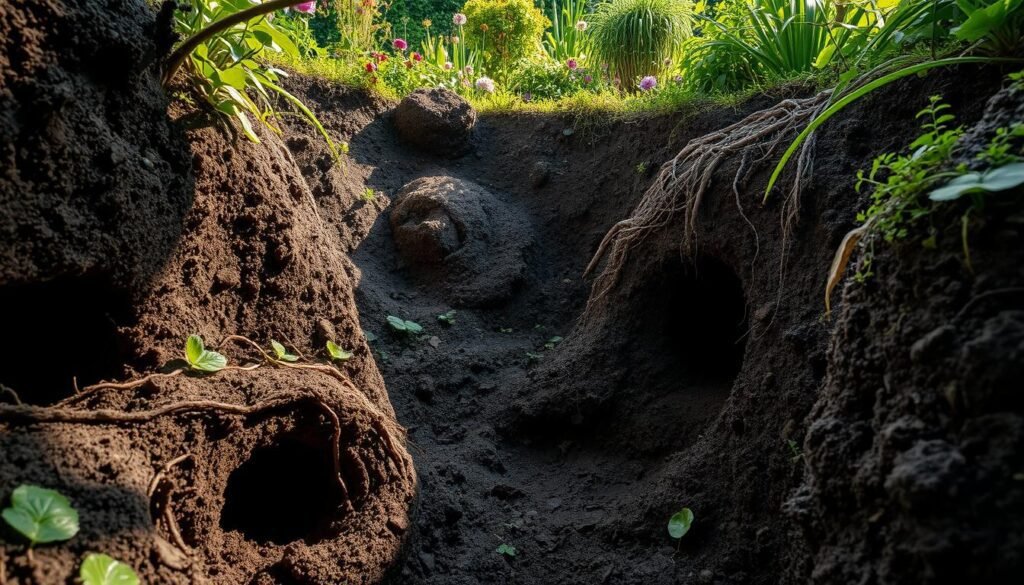 A detailed underground scene depicting the tunnels and burrows of a mole (Wühlmaus) in a lush garden setting. The foreground shows the intricate network of tunnels, some of them collapsed, exposing the soil and roots of surrounding plants. The middle ground features the entrance to the mole's den, with fresh soil mounds and disturbed vegetation. The background shows the verdant garden above, with flowers, herbs, and greenery, hinting at the hidden activity beneath the surface. The lighting is soft and natural, casting long shadows and highlighting the textures of the soil and plant life. The overall mood is one of quiet discovery, inviting the viewer to peer into the unseen world of the Wühlmaus.
