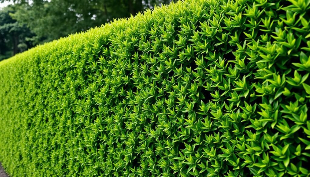 A detailed wide-angle shot of a carefully trimmed, dense green hedge with a natural and uniform appearance, bathed in soft, even lighting that highlights its lush, vibrant foliage. The hedge fills the frame, with a shallow depth of field that gently blurs the background, creating a sense of calm and focus on the main subject. The composition emphasizes the geometric shape and symmetry of the hedge, while capturing the overall texture and density of the plant growth. The scene conveys a sense of well-maintained, regulated greenery, reflecting the legal guidelines and ideal timing for pruning hedges.