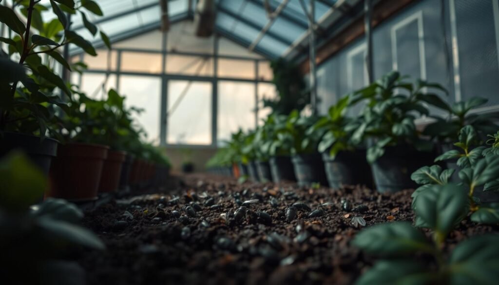 A dimly lit greenhouse interior, with lush greenery and potted plants in the foreground. In the middle ground, a close-up view of soil surface infested with small dark flies, their wings delicately outlined. The background features a partially obscured window, letting in soft natural light that casts gentle shadows across the scene. The overall mood is one of concern and potential threat, as the viewer is drawn to examine the details of the fungus gnat infestation. The lighting is moody and atmospheric, emphasizing the seriousness of the situation. The camera angle is slightly low, giving a sense of immersion and drawing the viewer into the problematic scene.
