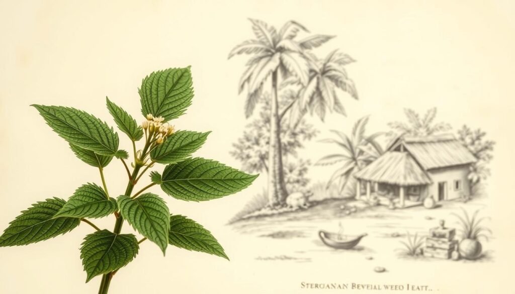 A historical botanical illustration of Stevia rebaudiana, the Paraguayan sweet leaf plant. In the foreground, the plant is depicted in precise detail, its serrated leaves and small white flowers rendered with scientific accuracy. The middle ground shows a sketch-like depiction of the plant's native habitat, with lush tropical foliage and a glimpse of a traditional Paraguayan dwelling. The background is a muted sepia-toned wash, evoking an antique scientific treatise. The overall composition and lighting convey a sense of timeless scholarly study, befitting the rich history of this remarkable medicinal herb.