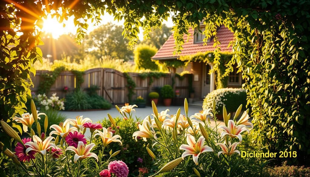 A lush Bauerngarten (traditional German country garden) with a variety of lilies blooming in the foreground. The scene is bathed in warm, golden sunlight, casting a soft, romantic glow over the terrace area in the middle ground. Verdant foliage and trailing vines frame the scene, creating a sense of lush abundance. In the background, a weathered wooden fence and a glimpse of a quaint cottage add to the rustic, idyllic atmosphere. The composition is balanced and visually appealing, inviting the viewer to immerse themselves in the tranquil, flower-filled setting.