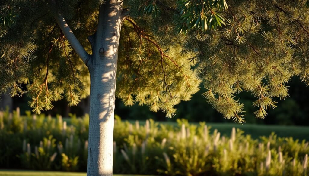 A lush and serene eucalyptus cinerea (silver dollar) tree standing tall in a well-lit garden. The silvery-green foliage glistens in the warm, soft lighting, casting gentle shadows on the ground below. The tree's elegant, slender trunk rises gracefully, its bark a mix of grays and whites. In the background, a blurred, verdant landscape frames the scene, creating a sense of depth and tranquility. The overall atmosphere is one of natural harmony, inviting the viewer to bask in the calming presence of this iconic Australian tree.