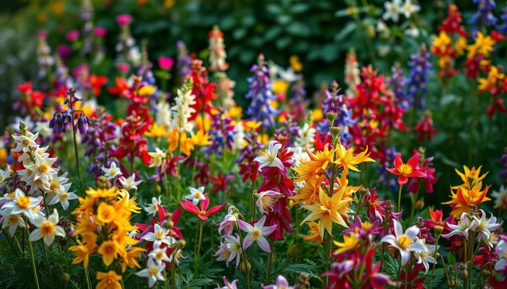 A lush and vibrant display of Aquilegia (Columbine) flowers in a naturalistic garden setting. The foreground showcases a diverse array of blooms in a captivating color spectrum, ranging from deep purples and blues to bright reds, yellows, and whites. The middle ground features a soft, blurred backdrop of verdant foliage, hinting at the botanical richness of the scene. Gentle, diffused lighting casts a warm, golden glow, accentuating the delicate petals and adding depth to the composition. The overall atmosphere evokes a sense of natural beauty, botanical wonder, and the magnificent floral diversity that characterizes the Aquilegia genus.