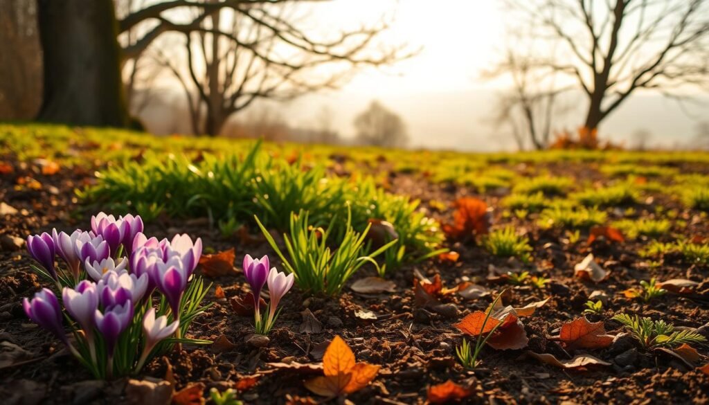 A lush, autumnal landscape showcasing the seasonal planting of crocuses. In the foreground, clusters of vibrant purple and white crocus blooms emerge from the rich, earthy soil, their petals gently unfurling towards the warm, golden sunlight. The middle ground features a scattering of lush green foliage, hinting at the plants' verdant growth in the spring. In the background, a serene, hazy horizon is punctuated by the soft silhouettes of trees, their branches bare and reaching skyward. The overall scene conveys a sense of tranquility and the cyclical nature of the seasons, inviting the viewer to consider the optimal timing for planting these hardy, resilient flowers. A lush, autumnal landscape showcasing the seasonal planting of crocuses. In the foreground, clusters of vibrant purple and white crocus blooms emerge from the rich, earthy soil, their petals gently unfurling towards the warm, golden sunlight. The middle ground features a scattering of lush green foliage, hinting at the plants' verdant growth in the spring. In the background, a serene, hazy horizon is punctuated by the soft silhouettes of trees, their branches bare and reaching skyward. The overall scene conveys a sense of tranquility and the cyclical nature of the seasons, inviting the viewer to consider the optimal timing for planting these hardy, resilient flowers.