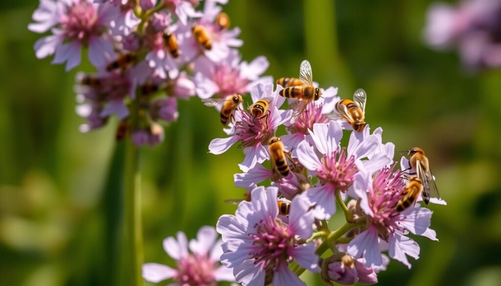 A lush, close-up photograph of the delicate, pale purple flowers of the Plantago lanceolata (Ribwort Plantain) plant, with a vibrant array of pollinating insects - bees, butterflies, and hoverflies - alighting on the blooms and basking in the warm, soft natural lighting. The image captures the intricate beauty and ecological significance of this common wildflower, highlighting its role as a vital nectar source and haven for a diverse array of beneficial insects. The composition emphasizes the harmonious relationship between the plant and its pollinators, creating a serene, naturalistic scene that evokes the beauty and importance of these humble, yet essential elements of a healthy, thriving ecosystem.