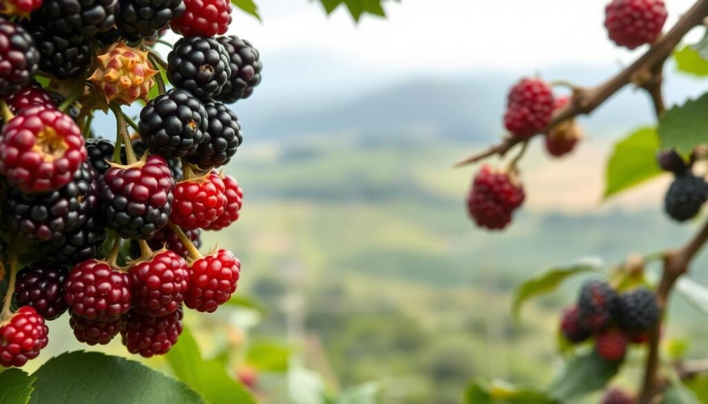 A lush, detailed image of various heirloom blackberry cultivars. In the foreground, ripe blackberries in a range of sizes, shapes, and colors - deep purple, black, and crimson - fill the frame, their juicy sheen catching the soft, natural light. In the middle ground, the canes bearing the berries are prominently featured, their thorny stems and green foliage contrasting beautifully. The background is a blurred, pastoral scene of rolling hills and a hazy, overcast sky, evoking a peaceful, idyllic setting. The composition is balanced and harmonious, inviting the viewer to appreciate the unique qualities of each blackberry variety. The lighting is soft and diffused, creating an almost ethereal quality. Captured with a shallow depth of field using a high-quality macro lens, the image showcases the intricate details and vibrant hues of these beloved blackberry cultivars.