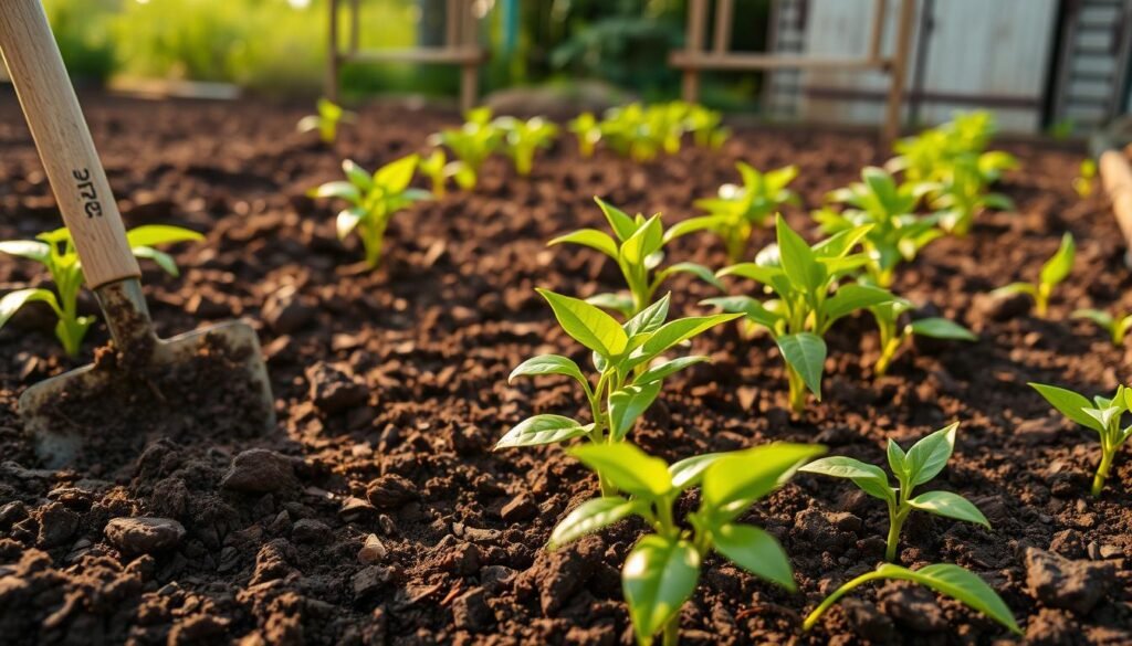 A lush, fertile garden plot with rich, dark soil, ready to nurture thriving chili plants. The foreground features a shovel gently turning the earth, exposing the nutrient-dense loam. In the middle ground, healthy chili seedlings stretch their leaves toward the warm sun, their vibrant green hues accentuated by the soft, diffused lighting. The background depicts a tranquil, rustic setting, perhaps a wooden fence or a weathered shed, framing the scene and suggesting an ideal location for the optimal chili cultivation. The overall mood is one of anticipation and abundance, inviting the viewer to envision a bountiful chili harvest.