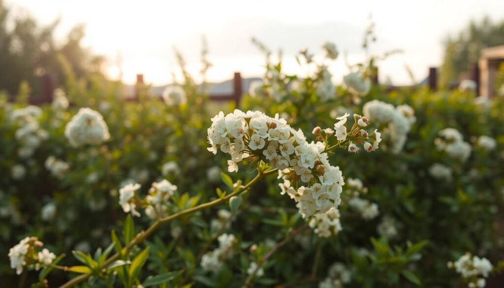 A lush, flowering hawthorn hedge in a tranquil, natural garden setting. In the foreground, clusters of delicate white blossoms sway gently in a soft breeze, their petals illuminated by warm, diffused sunlight filtering through wispy clouds. The middle ground reveals the hedge's dense, verdant foliage, creating a serene, organic barrier. In the background, a hints of a rustic wooden fence or stone wall blend seamlessly into the bucolic landscape. The overall atmosphere evokes a sense of timeless, countryside charm - a perfect illustration for a guide on growing and maintaining hawthorn hedges as part of a naturalistic garden design.