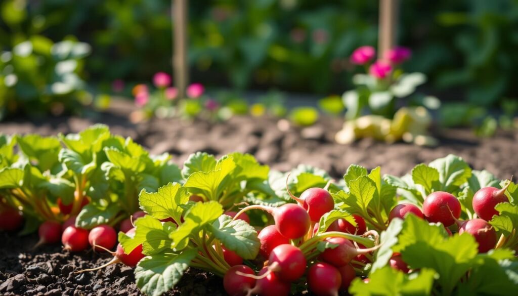 A lush garden bed featuring vibrant red radishes (Raphanus sativus) in the foreground, with soft natural lighting casting gentle shadows. The radishes are arranged in a visually appealing, organic pattern, their verdant green leaves contrasting beautifully with the crimson roots. In the middle ground, the rich, dark soil provides a earthy backdrop, while the background features a blurred, out-of-focus but verdant garden setting, hinting at the larger context. The overall composition conveys a sense of freshness, vitality and the joyful presentation of this quintessential root vegetable.