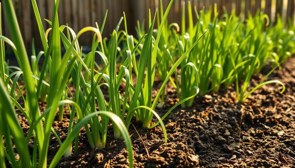 A lush garden bed filled with thriving leek plants, their verdant leaves swaying gently in the soft, dappled sunlight. The soil is rich and loamy, teeming with earthworms and nourishing the plants' robust growth. In the background, a wooden fence lines the perimeter, offering a natural, rustic backdrop. The scene is bathed in a warm, golden glow, creating a sense of tranquility and abundance. A close-up view showcases the delicate texture of the leek leaves, their tips curling upwards in a graceful arc. The overall composition conveys the joy and satisfaction of cultivating this flavorful, versatile vegetable in one's own backyard oasis. Lauch
