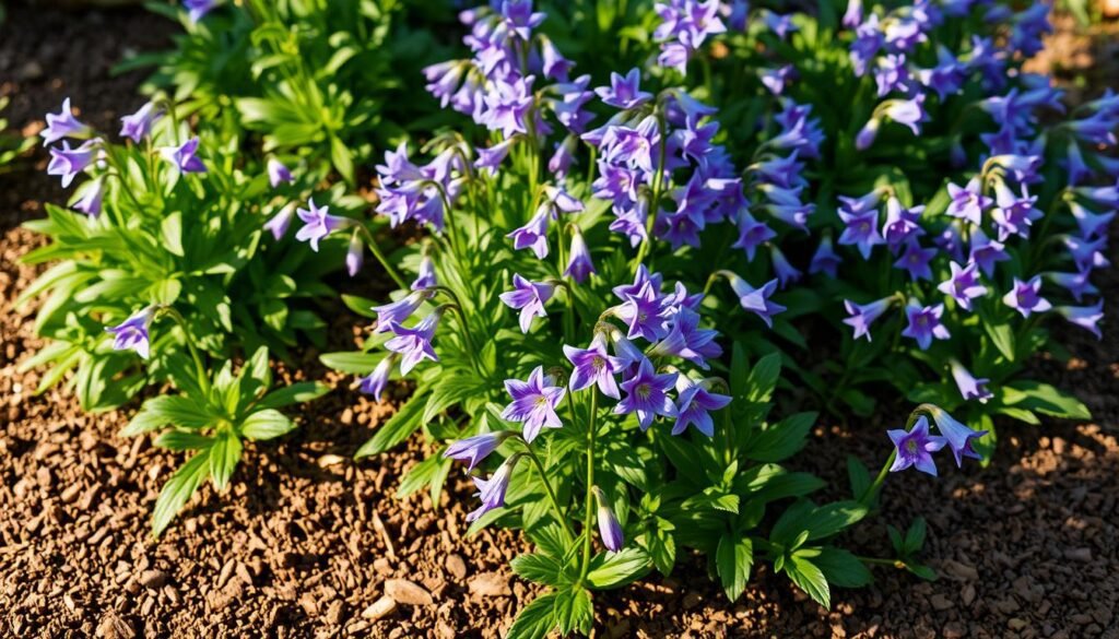A lush garden bed of vibrant Glockenblume (Campanula) flowers, their delicate bell-shaped petals swaying gently in the soft, dappled sunlight. The plants are nestled in a rich, loamy soil, surrounded by verdant foliage and warm, earthy tones. The composition emphasizes the ideal growing conditions for these charming perennials, with a sense of natural harmony and balance. The camera angle is slightly elevated, allowing the viewer to appreciate the carefully considered placement and arrangement of the Glockenblume within their optimal habitat. An overall sense of serenity and horticultural abundance pervades the scene.