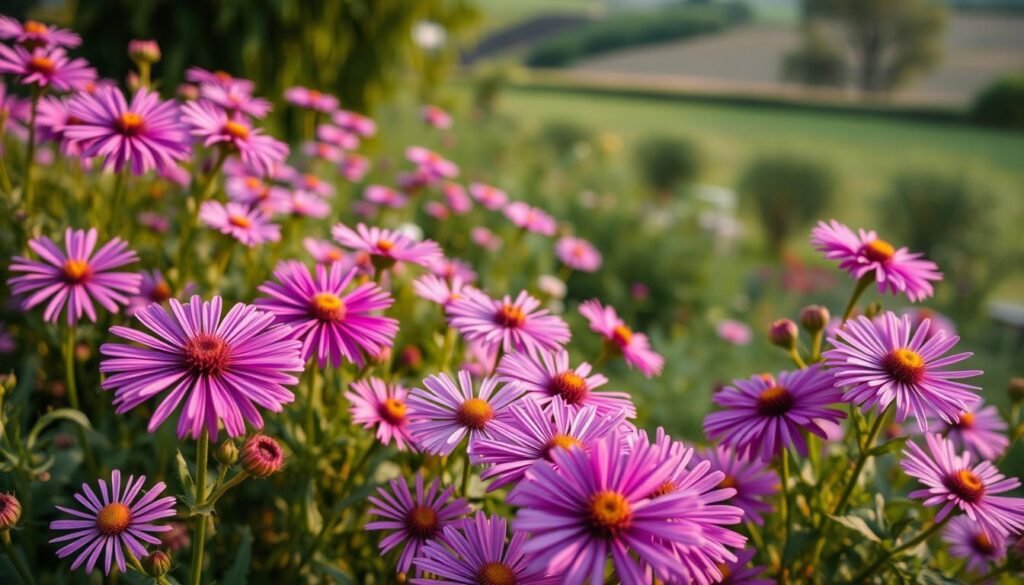 A lush garden bursting with vibrant purple and pink asters, their delicate petals swaying in the gentle breeze. In the foreground, a close-up view showcases the intricate details of the flower heads, their centers dotted with golden stamens. The middle ground reveals verdant foliage, expertly pruned and tended, while the background softly fades into a dreamlike, out-of-focus landscape. Warm, diffused lighting bathes the scene, creating a serene and inviting atmosphere. The image conveys the importance of proper care and attention to ensure a bountiful harvest of these stunning, late-blooming flowers.