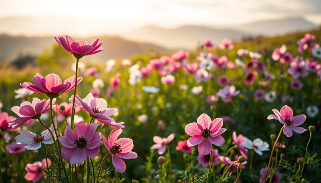 A lush garden filled with vibrant anemone flowers, their delicate petals swaying gently in the soft breeze. In the foreground, a cluster of anemones in shades of pink, purple, and white stand tall, their stems reaching towards the warm sunlight. In the middle ground, a mix of anemones in various stages of bloom create a natural, flowing composition. The background features a blurred, dreamy landscape, with hazy hills and a cloudy sky, adding a sense of depth and tranquility to the scene. The lighting is soft and diffused, casting a warm, golden glow over the entire tableau. The overall mood is one of serene beauty, highlighting the unique challenges and joys of cultivating these delicate, resilient flowers.