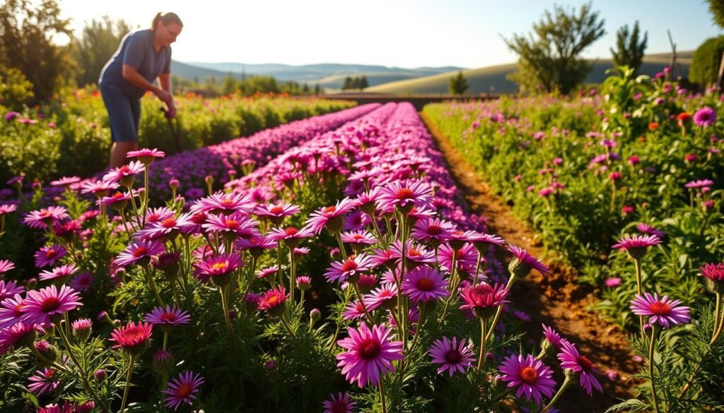 A lush garden filled with vibrant asters in full bloom, their delicate petals reaching towards the warm sunlight. In the foreground, a gardener's hands carefully tending to the plants, gently pruning and shaping them. The middle ground showcases the orderly rows of asters, their diverse hues creating a captivating color palette. In the background, a picturesque landscape with rolling hills and a clear blue sky, setting the scene for a serene and picturesque gardening moment. The lighting is soft and natural, highlighting the textures and details of the plants. The overall atmosphere conveys a sense of tranquility and the joy of gardening.