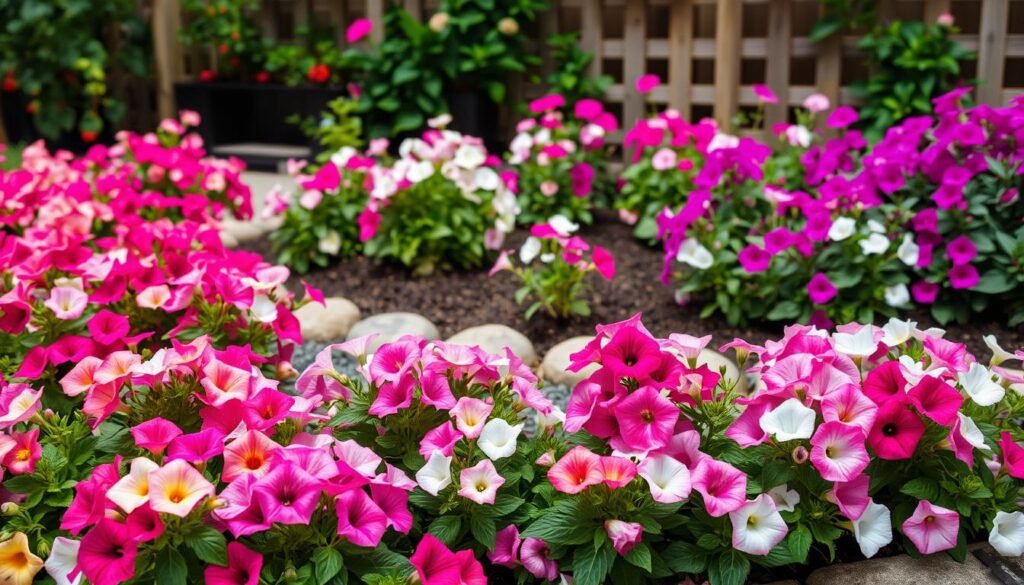 A lush garden filled with vibrant petunias, their delicate petals cascading in a rainbow of colors. The foreground showcases a diverse array of petunia varieties, their blooms in shades of pink, purple, and white, nestled amidst verdant foliage. The middle ground features a well-tended flower bed, the soil neatly cultivated and edged with stones, creating a harmonious composition. In the background, a wooden fence or trellis provides a natural backdrop, allowing the petunias to take center stage. Soft, diffused lighting gently illuminates the scene, casting a warm, inviting atmosphere. The overall composition conveys the importance of selecting the right growing conditions for these delicate and beautiful flowers.