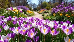 A lush garden in the afternoon sun, the soft petals of vibrant crocus flowers in shades of purple, white, and yellow dancing gently in the breeze. In the foreground, the flowers form a stunning mosaic, their colors complementing each other in harmonious combinations. The middle ground features a variety of other spring blooms, creating a tapestry of floral beauty. In the background, a picturesque pathway winds through the garden, framed by verdant foliage and a clear blue sky, inviting the viewer to immerse themselves in this tranquil scene. Captured with a wide-angle lens to showcase the depth and grandeur of the garden, the image exudes a sense of natural wonder and the rejuvenating spirit of springtime.