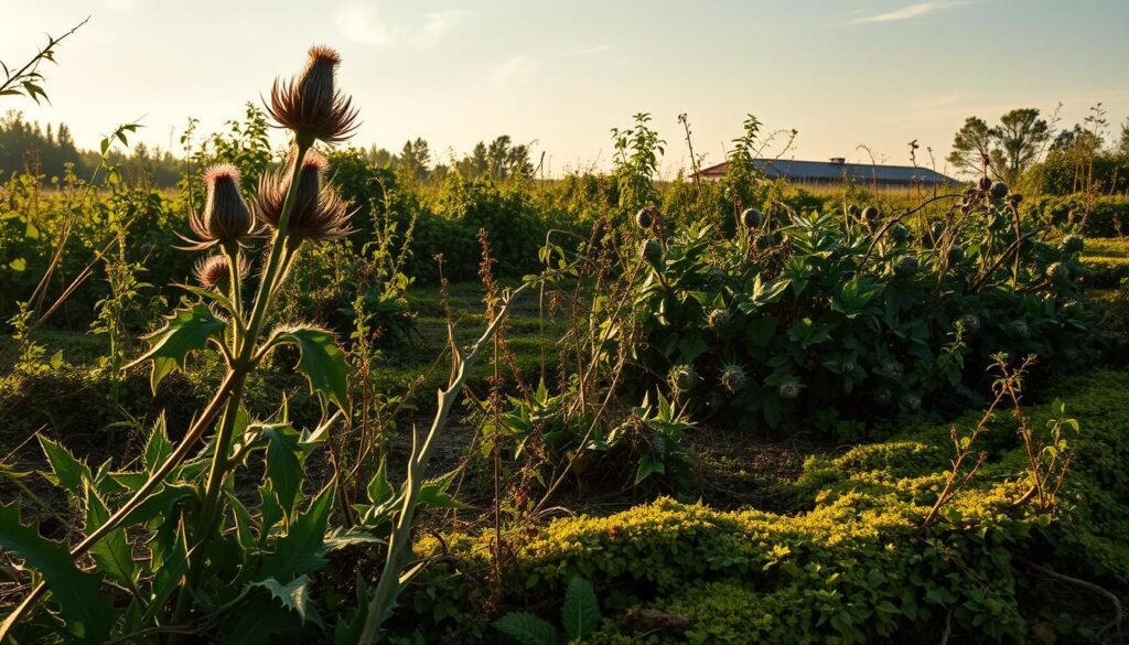 A lush garden overrun with invasive weeds and plants, their tangled vines and leaves casting long shadows across the vibrant blueberry bushes struggling to thrive. The soil is parched and depleted, the once-thriving berries shriveled and discolored. In the foreground, a towering thistle plant with sharp spines threatens to encroach, while a thick carpet of moss and ivy creeps across the ground, choking out the delicate blueberry roots. The scene is bathed in a warm, golden light, creating a sense of foreboding and neglect. Wispy clouds dot the hazy sky, adding to the melancholic atmosphere. This image conveys the dangers of planting the wrong companions near delicate blueberry bushes.