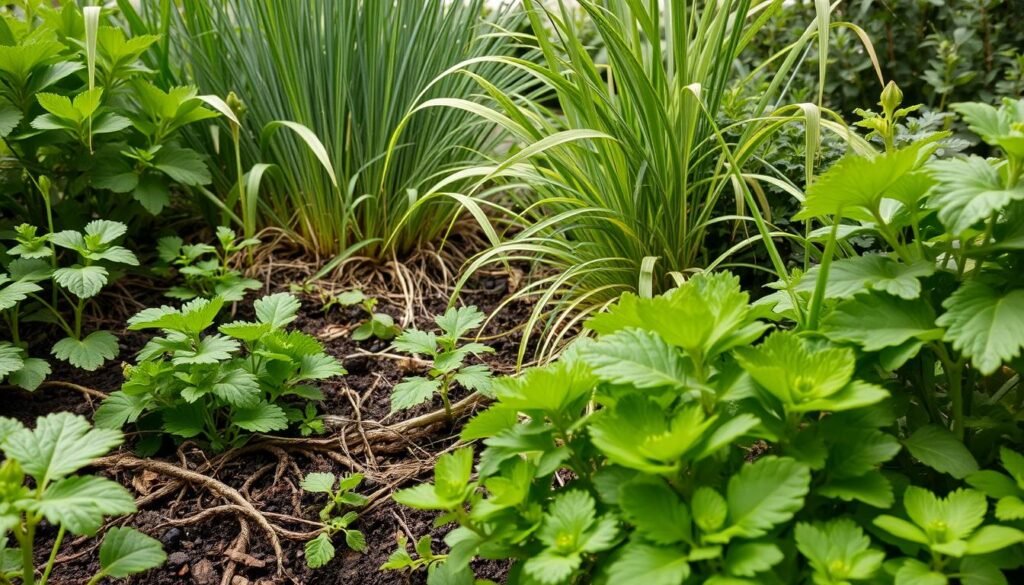A lush garden scene featuring various plants competing for water and nutrients. In the foreground, vibrant green foliage of herbs and vegetables, their roots intertwined and vying for the limited resources. In the middle ground, tall ornamental grasses sway gently, their dense root systems drawing moisture from the soil. In the background, a cluster of blueberry bushes, their delicate leaves and berries threatened by the encroaching growth of their thirsty neighbors. Soft, diffused lighting illuminates the scene, casting gentle shadows and creating a sense of balance and harmony, despite the underlying struggle for survival. The composition emphasizes the interconnectedness of the garden ecosystem, where each plant's success depends on its ability to outcompete its neighbors for water and nutrients.
