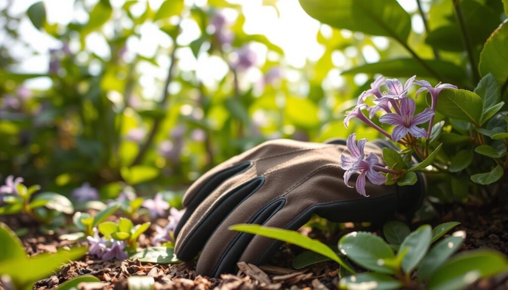 A lush garden scene with a pair of thick, sturdy gardening gloves resting on the ground, surrounded by vibrant green foliage and delicate purple Akelei flowers. The gloves are made of a tough, protective material, hinting at the need to handle the poisonous Akelei plants with care. Soft, diffused lighting filters through the leaves, creating a serene, natural atmosphere. The camera angle captures the gloves from a low perspective, emphasizing their importance in the safe cultivation of these beautiful but potentially dangerous flowers. An air of caution and respect for the Akelei's inherent toxicity permeates the image.