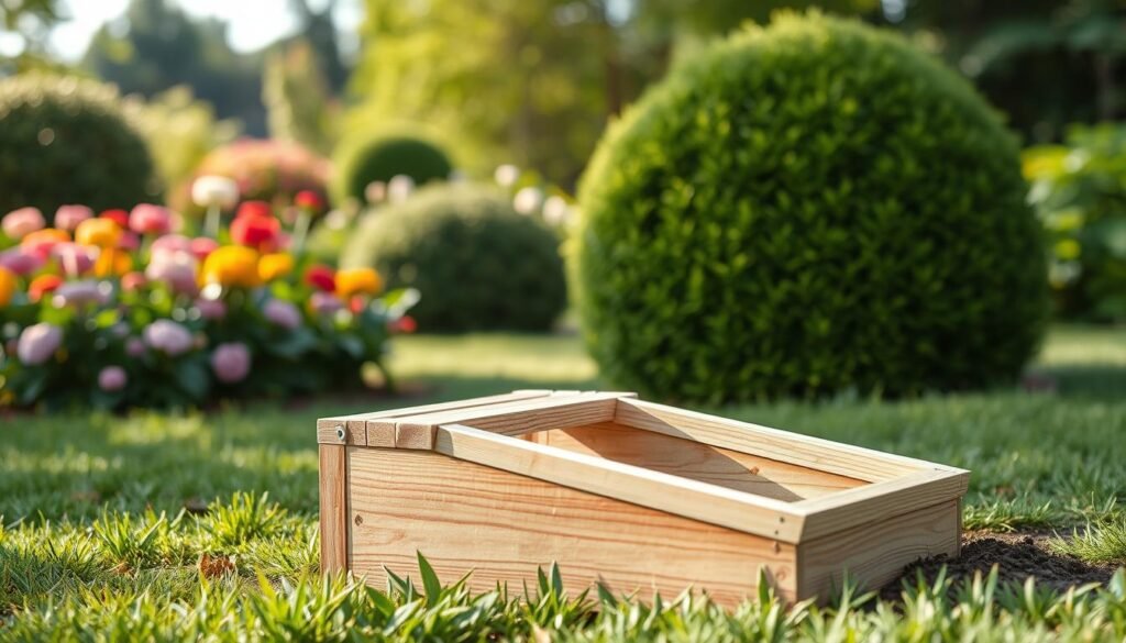 A lush garden setting, with a focus on a wooden trap designed to capture moles (Wühlmäuse). The trap is positioned prominently in the foreground, its sturdy construction and intricate design visible. In the middle ground, well-tended flower beds and neatly trimmed bushes create a picturesque backdrop, hinting at the gardener's diligence in maintaining a healthy, vibrant ecosystem. The lighting is soft and natural, casting gentle shadows that add depth and dimension to the scene. The overall mood is one of careful consideration, as the gardener seeks to address the mole problem without disrupting the delicate balance of the garden. The composition is balanced and visually appealing, inviting the viewer to appreciate the thoughtful, effective measures taken to manage the mole infestation.