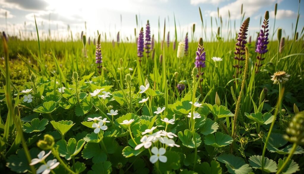 A lush green meadow with a diverse array of natural nitrogen-fixing plants, bathed in warm, soft sunlight that filters through wispy clouds. In the foreground, a thriving clover patch spreads its delicate white blossoms, while in the middle ground, vibrant lupine stands tall, their purple spikes adding a touch of vibrant color. In the background, a mix of other nitrogen-fixing species like alfalfa and vetch create a tapestry of verdant tones. The scene exudes a sense of harmony and abundance, capturing the essence of natural soil enrichment through the power of leguminous plants. A lush green meadow with a diverse array of natural nitrogen-fixing plants, bathed in warm, soft sunlight that filters through wispy clouds. In the foreground, a thriving clover patch spreads its delicate white blossoms, while in the middle ground, vibrant lupine stands tall, their purple spikes adding a touch of vibrant color. In the background, a mix of other nitrogen-fixing species like alfalfa and vetch create a tapestry of verdant tones. The scene exudes a sense of harmony and abundance, capturing the essence of natural soil enrichment through the power of leguminous plants.