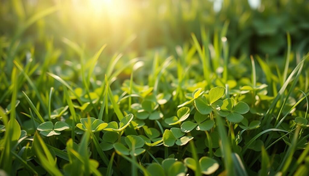 A lush green meadow, with clover plants prominently featured in the foreground. The clover leaves are vibrant and healthy, showcasing their unique three-leaf structure. In the middle ground, the clover intertwines with the surrounding grasses, creating a harmonious tapestry of verdant hues. Soft, diffused sunlight filters through the scene, casting a warm, natural glow and highlighting the intricate details of the foliage. The background is slightly blurred, creating a sense of depth and focus on the central clover elements. The overall composition conveys the symbiotic relationship between the clover and the lawn, reflecting the benefits and challenges of incorporating this nitrogen-fixing plant into a residential landscape. A lush green meadow, with clover plants prominently featured in the foreground. The clover leaves are vibrant and healthy, showcasing their unique three-leaf structure. In the middle ground, the clover intertwines with the surrounding grasses, creating a harmonious tapestry of verdant hues. Soft, diffused sunlight filters through the scene, casting a warm, natural glow and highlighting the intricate details of the foliage. The background is slightly blurred, creating a sense of depth and focus on the central clover elements. The overall composition conveys the symbiotic relationship between the clover and the lawn, reflecting the benefits and challenges of incorporating this nitrogen-fixing plant into a residential landscape.