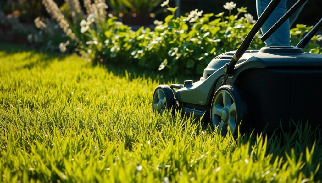 A lush lawn with vibrant green blades of grass, the sun's rays casting a warm glow across the scene. In the foreground, a well-maintained lawn mower stands, its blades set to the optimal cutting height, ready to trim the grass with precision. The middle ground features a person carefully guiding the mower, their movements fluid and controlled, ensuring an even, uniform cut. In the background, a flourishing garden with a variety of plants, including the distinct clover flowers, adds depth and visual interest to the composition. The overall atmosphere is one of a well-tended, thriving outdoor space, where the perfect balance between cutting height and lawn health is achieved. A lush lawn with vibrant green blades of grass, the sun's rays casting a warm glow across the scene. In the foreground, a well-maintained lawn mower stands, its blades set to the optimal cutting height, ready to trim the grass with precision. The middle ground features a person carefully guiding the mower, their movements fluid and controlled, ensuring an even, uniform cut. In the background, a flourishing garden with a variety of plants, including the distinct clover flowers, adds depth and visual interest to the composition. The overall atmosphere is one of a well-tended, thriving outdoor space, where the perfect balance between cutting height and lawn health is achieved.