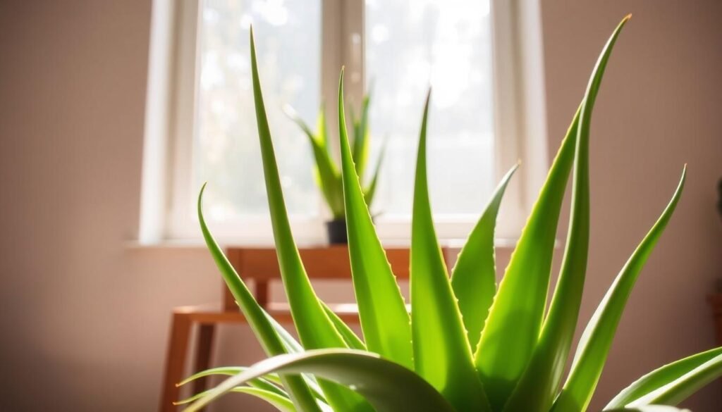 A lush, meticulously cared for aloe vera plant takes center stage, its vibrant green leaves gently curving towards the light. The foreground is bathed in soft, natural sunlight filtering through a large window, casting delicate shadows and warm highlights across the plant's surface. In the middle ground, a wooden plant stand or shelf provides a sturdy, earthy backdrop, complementing the succulent's organic form. The background fades into a soothing, neutral color palette, allowing the aloe vera to be the focal point. The overall scene conveys a sense of tranquility and seasonal harmony, perfectly suited to illustrate the article's section on seasonal aloe vera care. A lush, meticulously cared for aloe vera plant takes center stage, its vibrant green leaves gently curving towards the light. The foreground is bathed in soft, natural sunlight filtering through a large window, casting delicate shadows and warm highlights across the plant's surface. In the middle ground, a wooden plant stand or shelf provides a sturdy, earthy backdrop, complementing the succulent's organic form. The background fades into a soothing, neutral color palette, allowing the aloe vera to be the focal point. The overall scene conveys a sense of tranquility and seasonal harmony, perfectly suited to illustrate the article's section on seasonal aloe vera care.