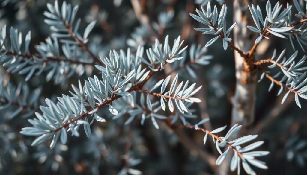 A lush, meticulously detailed close-up view of a Eucalyptus gunnii plant, showcasing its distinctive silvery-blue foliage and intriguing bark texture. The image is bathed in soft, natural lighting, capturing the plant's serene and elegant presence. The foreground features the plant's leaves and branches in sharp focus, with a shallow depth of field that subtly blurs the background, drawing the viewer's attention to the subject. The overall mood is one of tranquility and appreciation for the plant's unique visual qualities, perfectly suited to illustrate the "Besondere Eigenschaften der Art eucalyptus gunnii" section of the article.