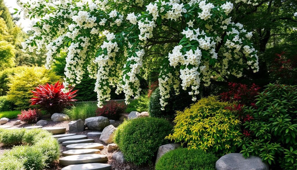A lush, ornamental garden with an elegant Amelanchier (Serviceberry) tree as the central focus. The Serviceberry's delicate white blooms cascade gracefully, complementing the surrounding landscaping. Smooth river rocks, carefully placed, create a naturalistic path leading the eye through the scene. Textured foliage in shades of green, yellow, and red provide depth and visual interest. Dappled sunlight filters through the canopy, casting a warm, inviting glow over the tranquil setting. A harmonious blend of organic shapes and earthy tones evokes a serene, contemplative mood.