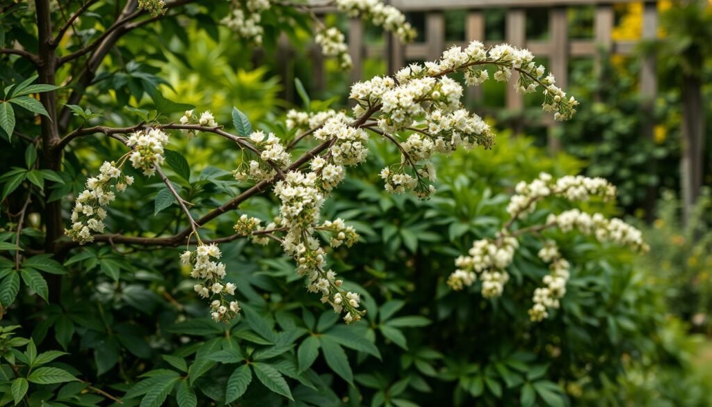 A lush, overgrown elderberry bush in a serene garden setting. The foreground showcases thick, arching canes with clusters of delicate, creamy-white flowers in full bloom. The middle ground reveals the plant's leafy foliage, its deep green hues contrasting beautifully with the blooms. In the background, a soft, blurred backdrop of verdant greenery and a glimpse of a wooden fence or trellis, creating a sense of depth and tranquility. The lighting is soft and diffused, casting gentle shadows and highlighting the plant's organic forms. The composition is balanced and visually pleasing, capturing the essence of elderberry's lush growth and the need for careful pruning and maintenance.
