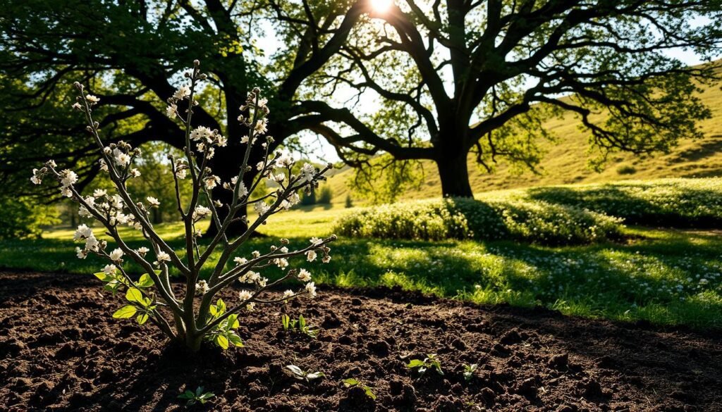 A lush, pastoral scene showcasing the ideal growing conditions for a blackthorn (Prunus spinosa) plant. In the foreground, rich, dark loam soil with good drainage supports the blackthorn's sturdy, gnarled stems and delicate white blossoms. Dappled sunlight filters through a canopy of mature oak trees in the middle ground, casting a warm, tranquil ambiance. In the background, a gently sloping hillside is blanketed in a carpet of wildflowers, hinting at the plant's preference for well-ventilated, chalky or calcareous soils in semi-shaded locations. The overall composition evokes a sense of nature's harmony and the perfect growing conditions for this hardy, resilient shrub.