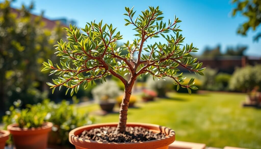 A lush, potted Eucalyptus tree stands gracefully in a sunny garden setting. The vibrant, silvery-green leaves glisten in the warm, natural light, casting gentle shadows across the terracotta planter. The tree's slender, twisted trunk rises from a bed of lush, earthy soil, its branches reaching up towards the clear blue sky. In the background, a verdant, blurred garden landscape adds depth and a sense of tranquility to the scene. The overall mood is one of serene, botanical elegance, perfectly capturing the essence of growing Eucalyptus in a container for a personal garden.