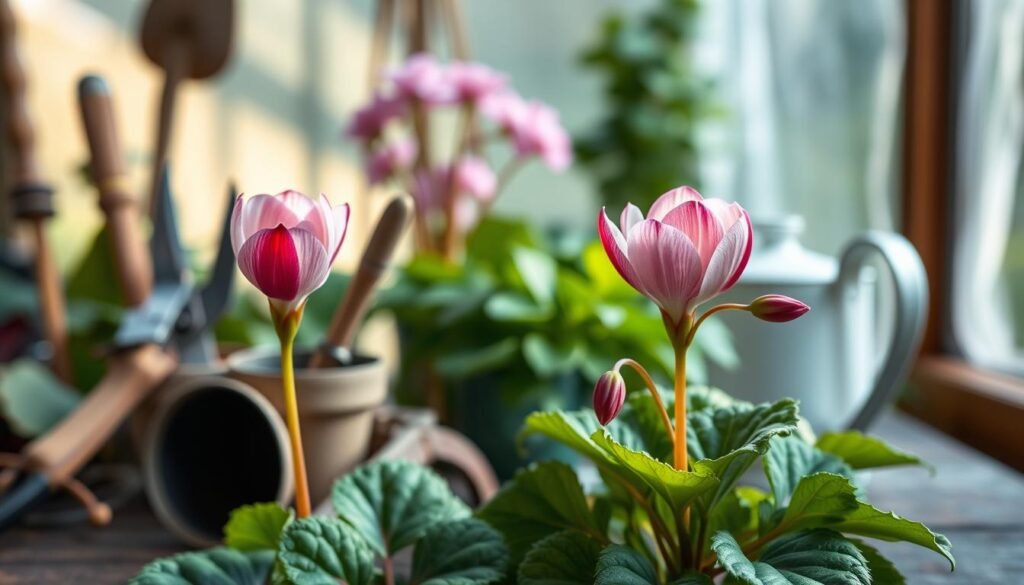 A lush, seasonal still life showcasing the care and cultivation of the Alpenveilchen (cyclamen) plant throughout the year. In the foreground, a vibrant Alpenveilchen bloom opens its delicate petals, bathed in soft, diffused natural lighting. The middle ground features a collection of gardening tools and accoutrements - pruning shears, trowel, watering can - hinting at the attentive care required for this plant. The background depicts a verdant, atmospheric setting, perhaps a greenhouse or garden, with muted hues that complement the plant's colors. The composition conveys a sense of tranquility, artistry, and the gentle rhythm of the seasons as they shape the life cycle of the Alpenveilchen.