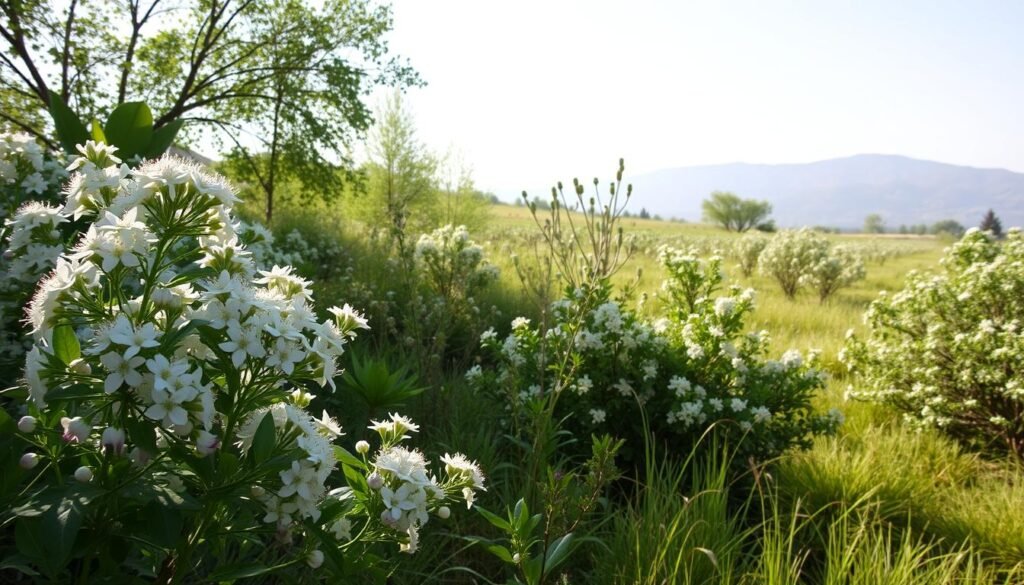 A lush, sun-dappled meadow filled with various species of Amelanchier, commonly known as serviceberries or Felsenbirne. In the foreground, delicate white blossoms with pale green foliage; in the middle ground, a mix of upright and low-growing bushes showcasing the diversity of this hardy, drought-tolerant shrub; and in the background, a hazy mountain landscape bathed in warm, golden light. The scene conveys the natural beauty and adaptability of the Felsenbirne, an essential element of the introduction to this versatile plant.